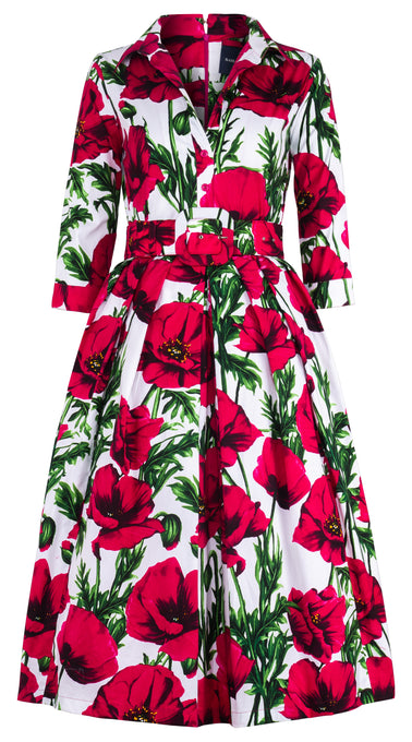 Lana Dress Shirt Collar 3/4 Sleeve Midi Length Cotton Stretch (Poppy Polland)