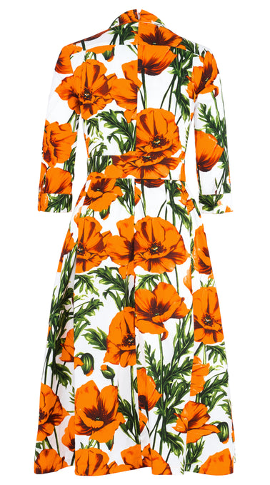 Lana Dress Shirt Collar 3/4 Sleeve Midi Length Cotton Stretch (Poppy Polland)