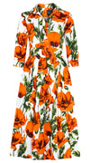 Lana Dress Shirt Collar 3/4 Sleeve Midi Length Cotton Stretch (Poppy Polland)