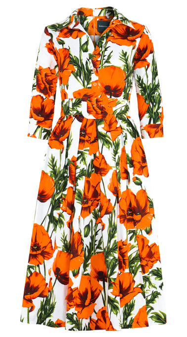 Lana Dress Shirt Collar 3/4 Sleeve Midi Length Cotton Stretch (Poppy Polland)