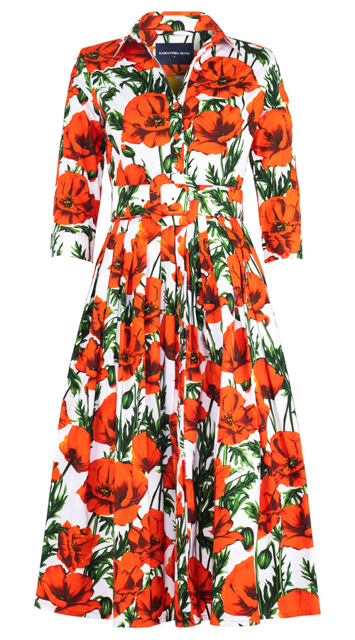Audrey Dress #1 Shirt Collar 3/4 Sleeve Long Length Cotton Stretch (Poppy Polland)