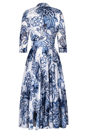 Aster Dress Shirt Collar 3/4 Sleeve Midi Plus Length Cotton Musola (Porceline Leaves White)
