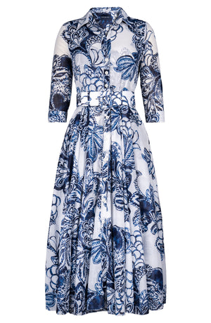Aster Dress Shirt Collar 3/4 Sleeve Midi Plus Length Cotton Musola (Porceline Leaves White)