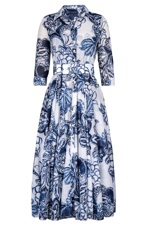 Aster Dress Shirt Collar 3/4 Sleeve Midi Plus Length Cotton Musola (Porceline Leaves White)