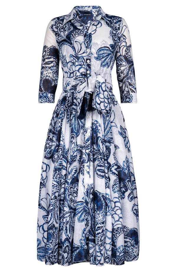 Aster Dress Shirt Collar 3/4 Sleeve Midi Plus Length Cotton Musola (Porceline Leaves White)