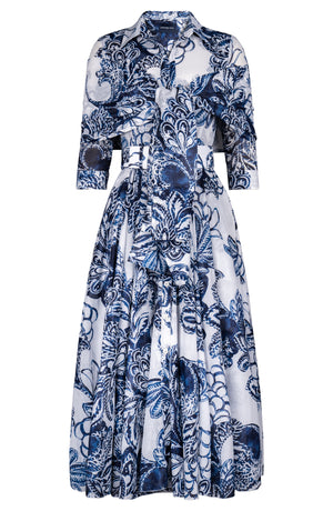 Aster Dress Shirt Collar 3/4 Sleeve Midi Plus Length Cotton Musola (Porceline Leaves White)
