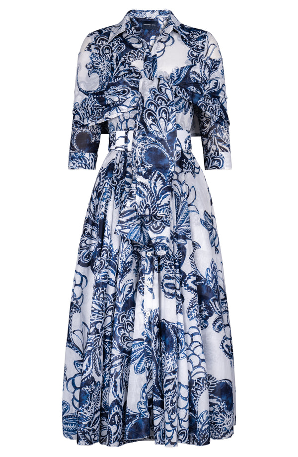 Aster Dress Shirt Collar 3/4 Sleeve Midi Plus Length Cotton Musola (Porceline Leaves White)