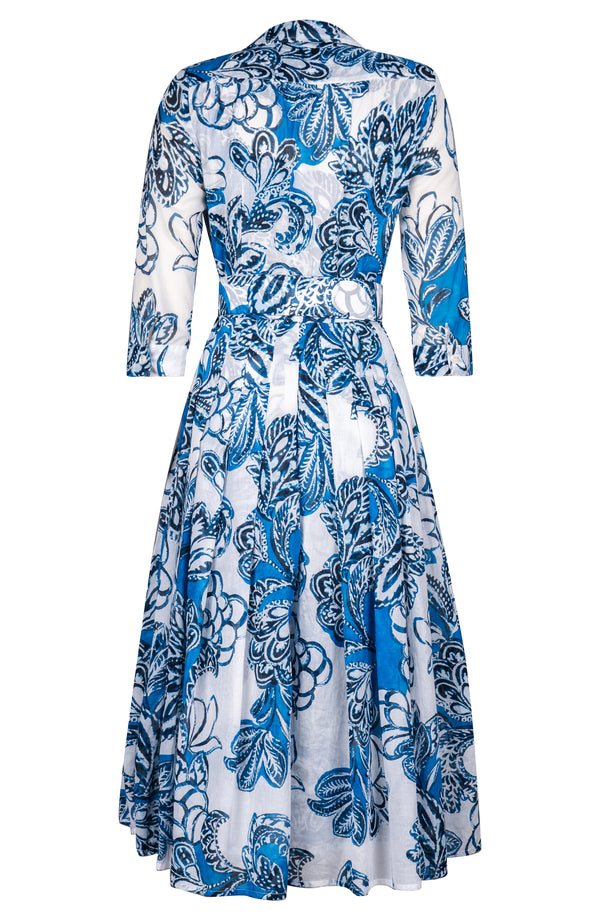 Audrey Dress #4 Shirt Collar 3/4 Sleeve Midi Length Cotton Musola (Porceline Leaves White)