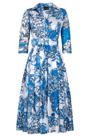 Audrey Dress #4 Shirt Collar 3/4 Sleeve Midi Length Cotton Musola (Porceline Leaves White)