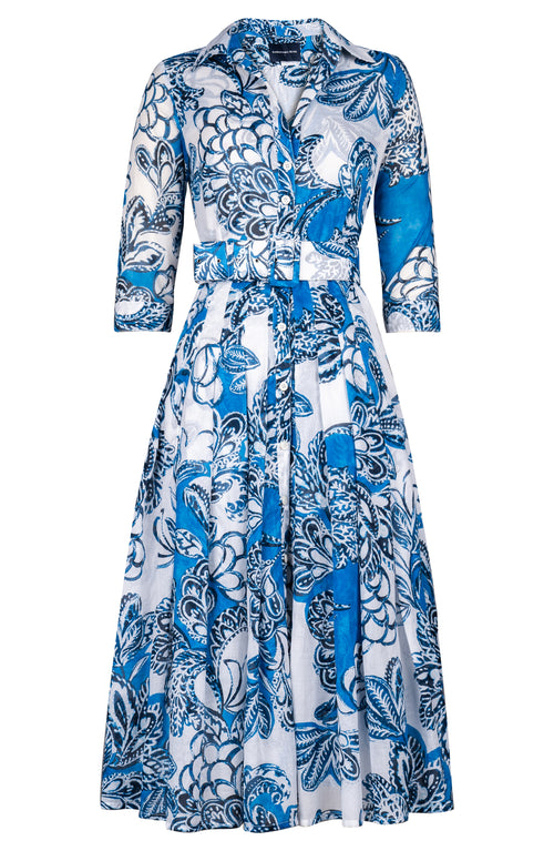 Audrey Dress #4 Shirt Collar 3/4 Sleeve Midi Length Cotton Musola (Porceline Leaves White)