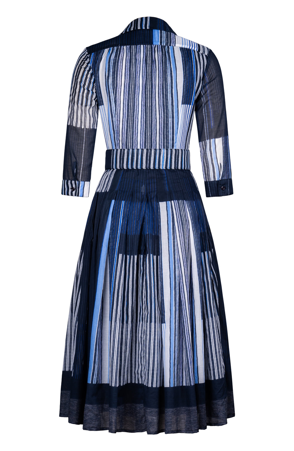 Audrey Dress #4 Shirt Collar 3/4 Sleeve Midi Length Cotton Musola (Portico Stripe Bright)
