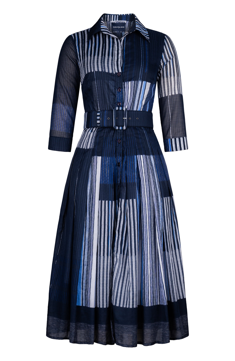 Audrey Dress #4 Shirt Collar 3/4 Sleeve Midi Length Cotton Musola (Portico Stripe Bright)