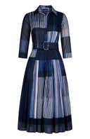 Audrey Dress #4 Shirt Collar 3/4 Sleeve Midi Length Cotton Musola (Portico Stripe Bright)
