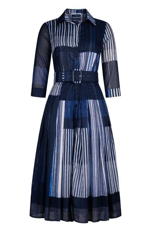 Audrey Dress #4 Shirt Collar 3/4 Sleeve Midi Length Cotton Musola (Portico Stripe Bright)