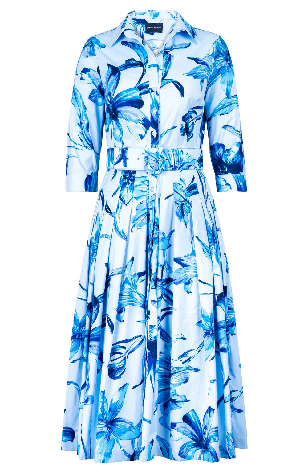 Audrey Dress #2 Shirt Collar 3/4 Sleeve Midi Length Cotton Stretch (Portofino Lillies)