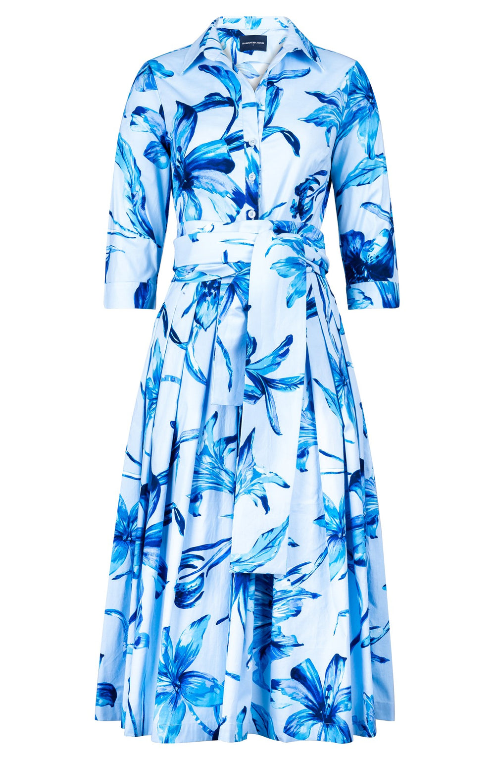 Audrey Dress #2 Shirt Collar 3/4 Sleeve Midi Length Cotton Stretch (Portofino Lillies)