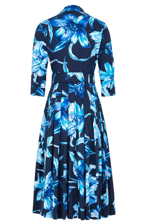 Audrey Dress #4 Shirt Collar 3/4 Sleeve Midi Length Cotton Stretch (Portofino Lillies)