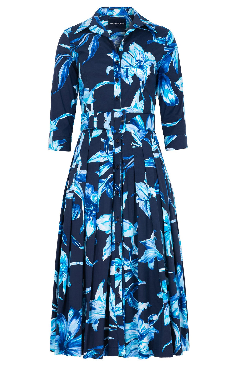 Audrey Dress #4 Shirt Collar 3/4 Sleeve Midi Length Cotton Stretch (Portofino Lillies)