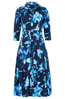 Audrey Dress #4 Shirt Collar 3/4 Sleeve Midi Length Cotton Stretch (Portofino Lillies)
