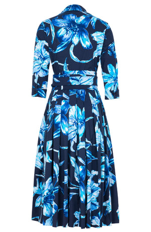 Audrey Dress #4 Shirt Collar 3/4 Sleeve Midi Length Cotton Stretch (Portofino Lillies)