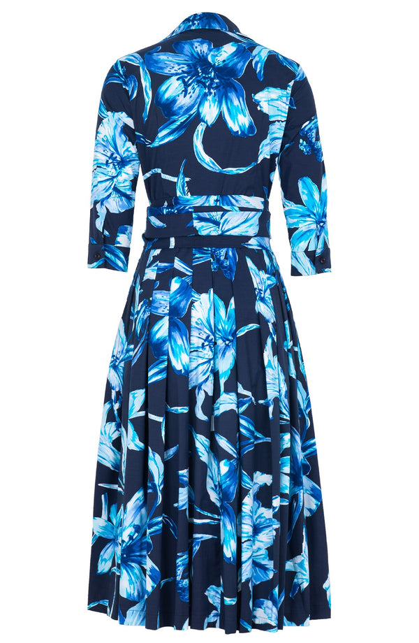 Audrey Dress #4 Shirt Collar 3/4 Sleeve Midi Length Cotton Stretch (Portofino Lillies)