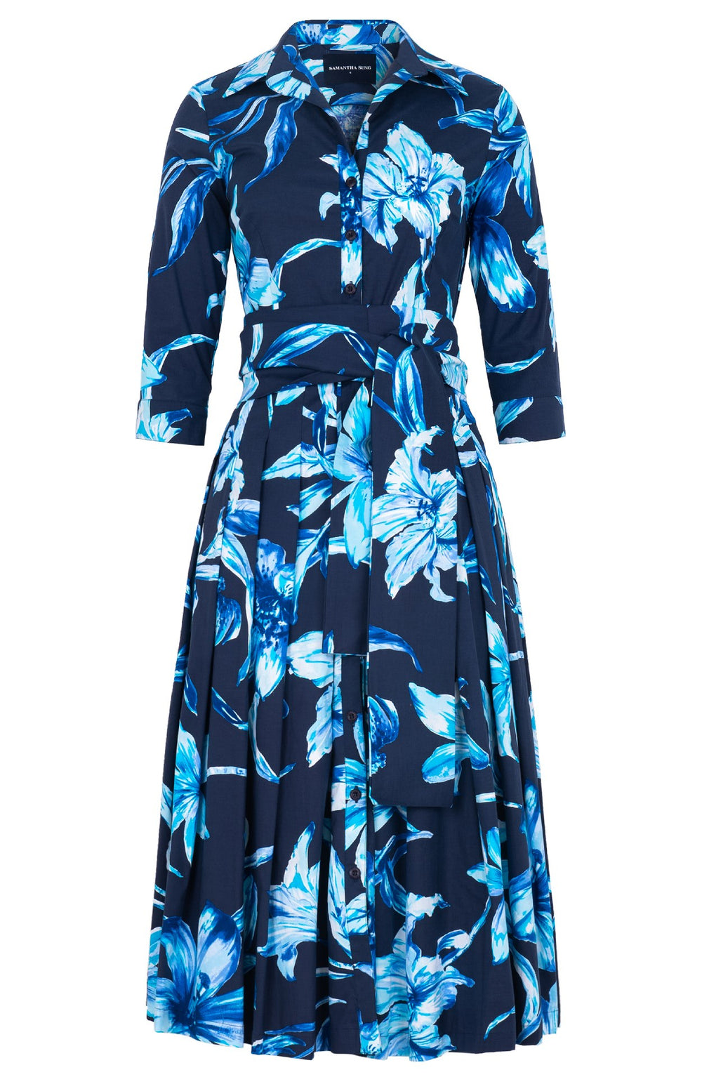 Audrey Dress #4 Shirt Collar 3/4 Sleeve Midi Length Cotton Stretch (Portofino Lillies)