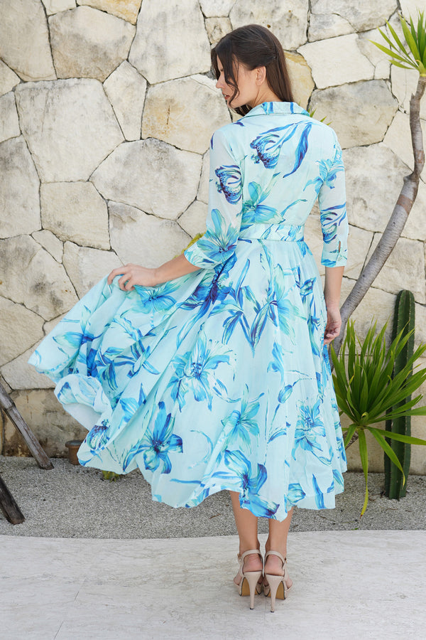 Aster Dress Shirt Collar 3/4 Sleeve Midi Plus Length Cotton Musola (Portofino Lillies Big)