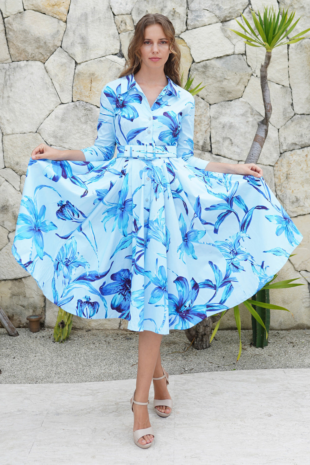 Laurent Dress Shirt Collar 3/4 Sleeve Midi Length Cotton Stretch (Portofino Lillies Big)