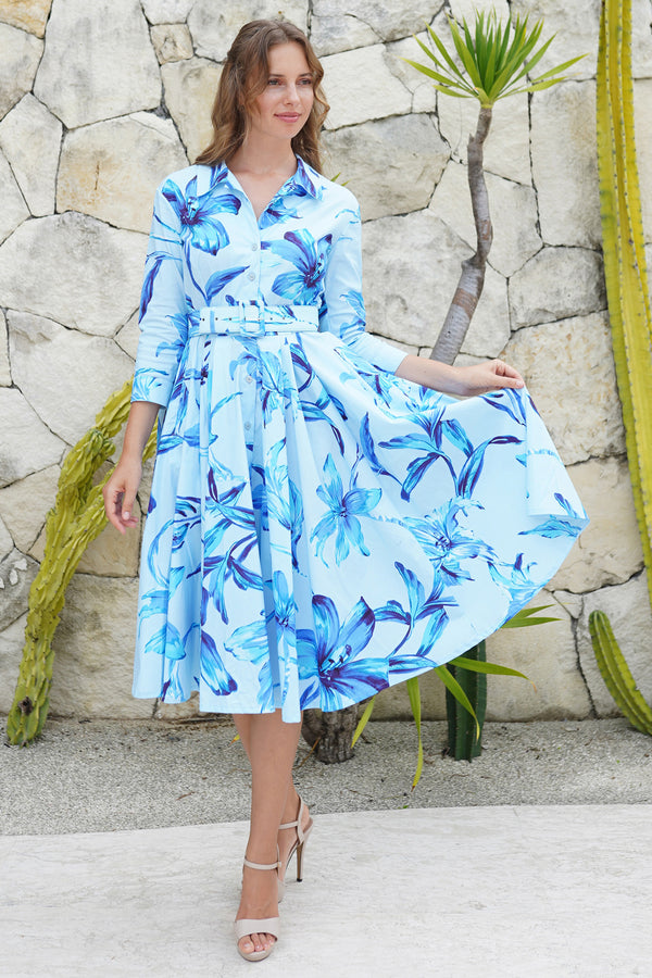 Laurent Dress Shirt Collar 3/4 Sleeve Midi Length Cotton Stretch (Portofino Lillies Big)