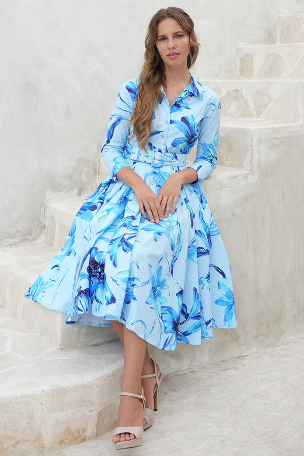 Laurent Dress Shirt Collar 3/4 Sleeve Midi Length Cotton Stretch (Portofino Lillies Big)