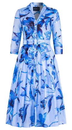 Audrey Dress #4 Shirt Collar 3/4 Sleeve Midi Length Cotton Musola (Portofino Lillies)