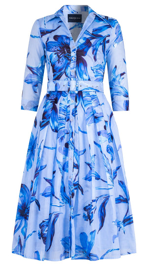 Audrey Dress #4 Shirt Collar 3/4 Sleeve Midi Length Cotton Musola (Portofino Lillies Small)