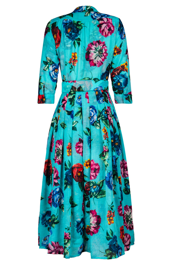 Audrey Dress #4 Shirt Collar 3/4 Sleeve Midi Plus Length Wool (Positano Flower Bright)