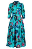 Audrey Dress #4 Shirt Collar 3/4 Sleeve Midi Plus Length Wool (Positano Flower Bright)