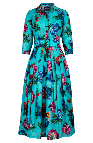 Audrey Dress #4 Shirt Collar 3/4 Sleeve Midi Plus Length Wool (Positano Flower Bright)