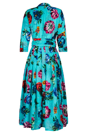 Audrey Dress #4 Shirt Collar 3/4 Sleeve Midi Plus Length Wool (Positano Flower Bright)