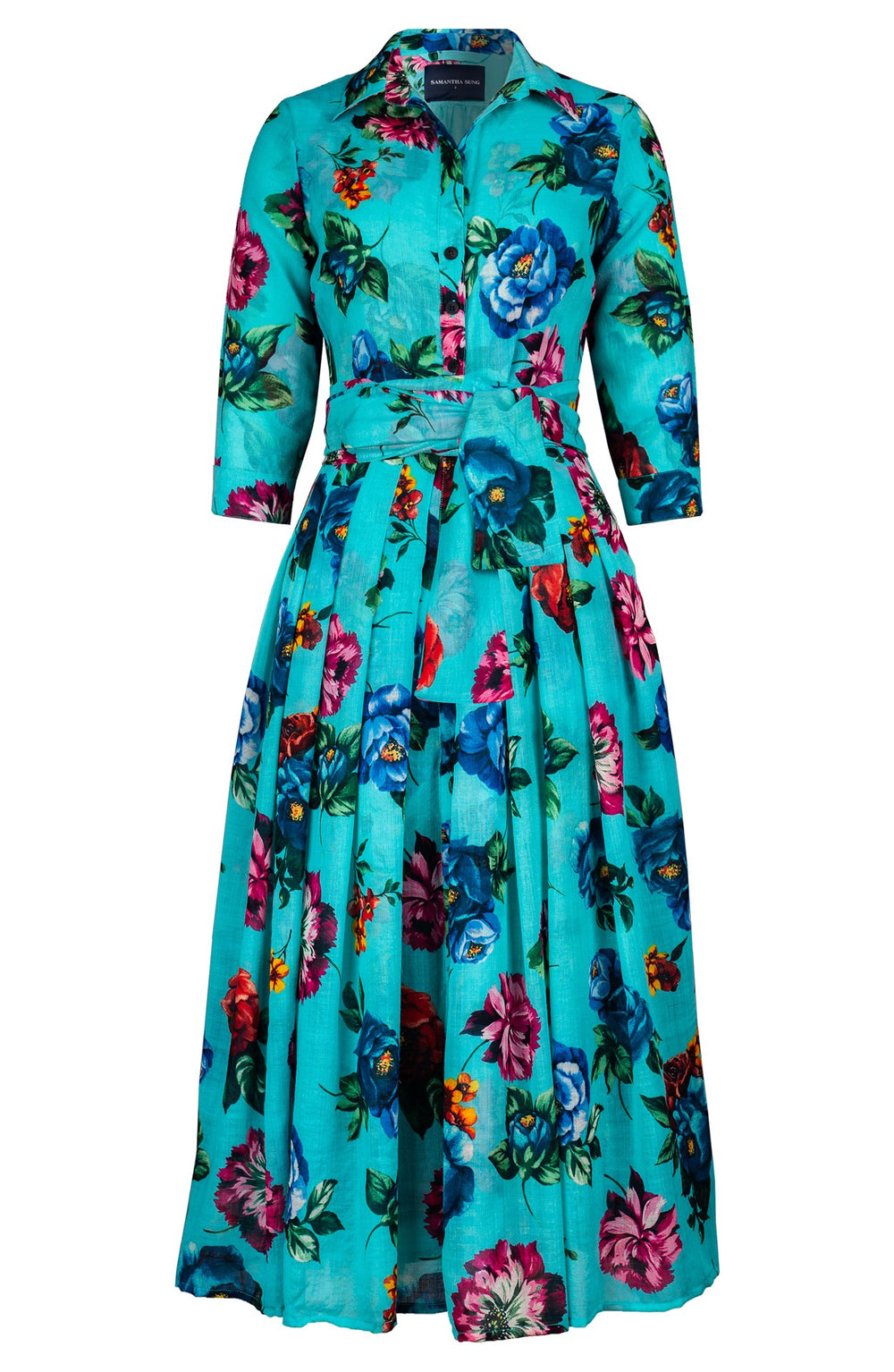 Audrey Dress #4 Shirt Collar 3/4 Sleeve Midi Plus Length Wool (Positano Flower Bright)