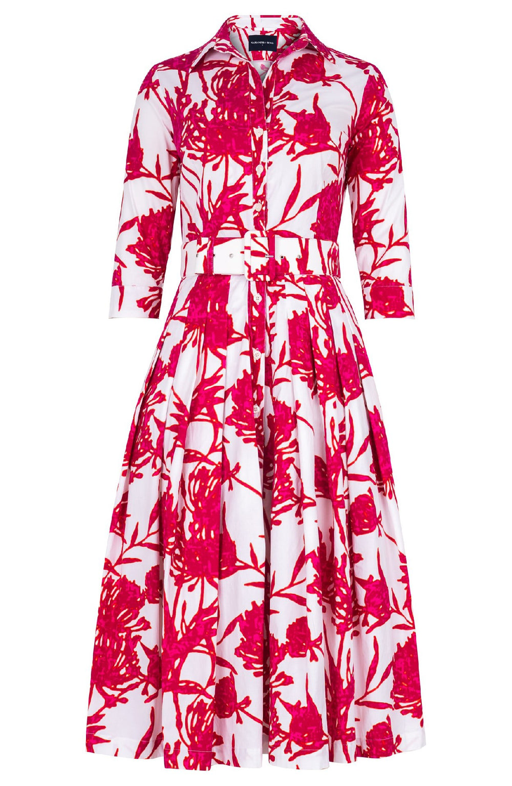 Audrey Dress #2 Shirt Collar 3/4 Sleeve Midi Length Cotton Stretch (Primavery Silhouette White)