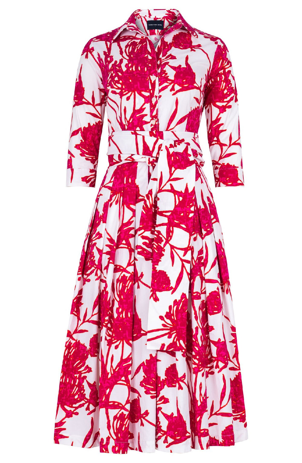 Audrey Dress #2 Shirt Collar 3/4 Sleeve Midi Length Cotton Stretch (Primavery Silhouette White)