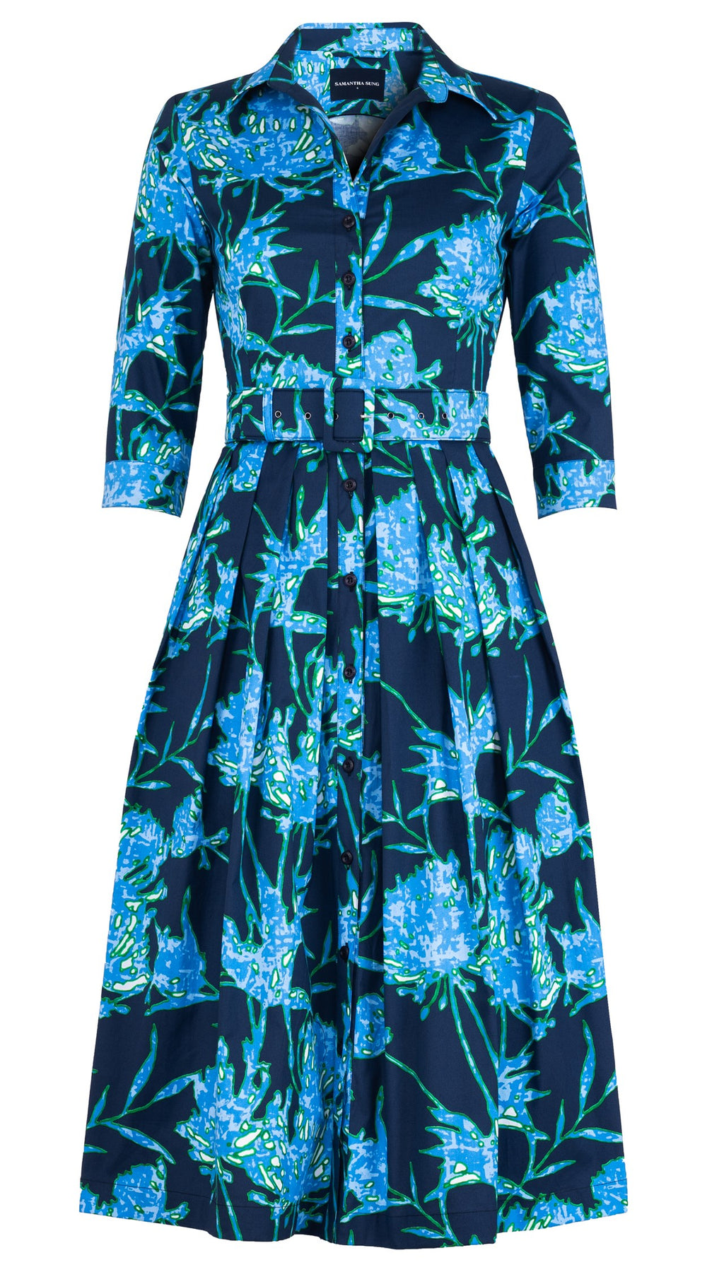 Audrey Dress #1 Shirt Collar 3/4 Sleeve Midi Length Cotton Stretch (Primavery Silhouette Ground)