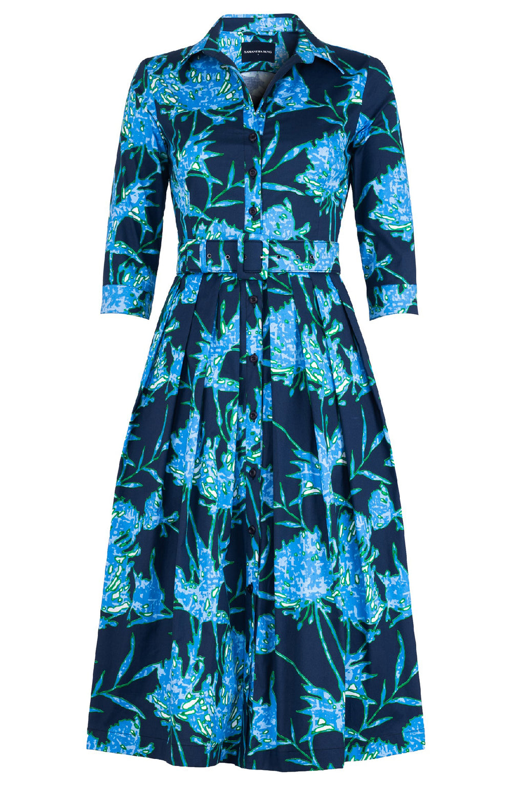 Audrey Dress #1 Shirt Collar 3/4 Sleeve Midi Length Cotton Stretch (Primavery Silhouette Ground)