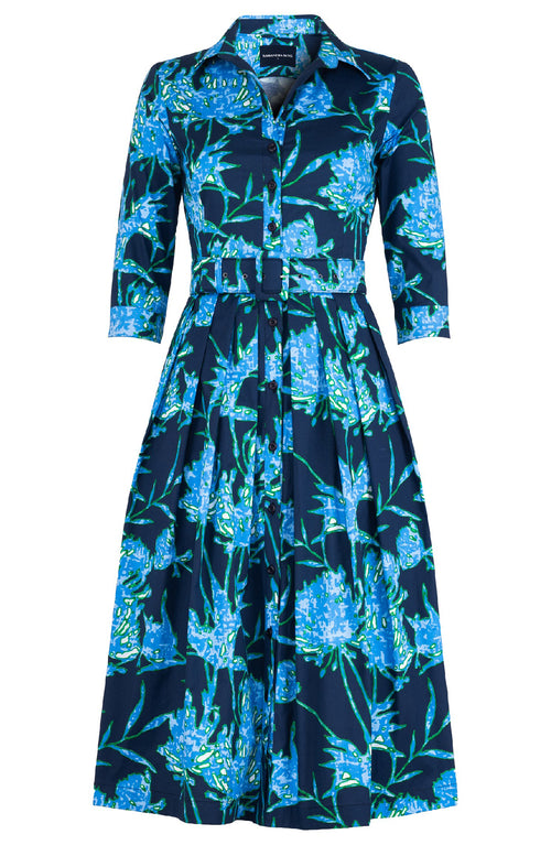 Audrey Dress #1 Shirt Collar 3/4 Sleeve Midi Length Cotton Stretch (Primavery Silhouette Ground)