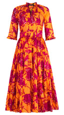 Eva Dress Crew Neck 3/4 Sleeve Tea Length Cotton Musola (Primavery Silhouette Ground)