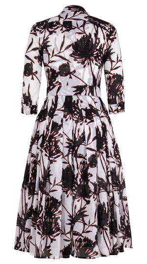 Audrey Dress #4 Shirt Collar 3/4 Sleeve Midi Length Cotton Musola (Primavery Silhouette White)
