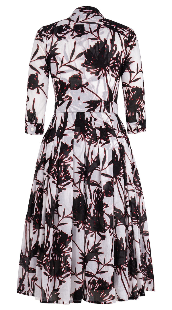Audrey Dress #4 Shirt Collar 3/4 Sleeve Midi Length Cotton Musola (Primavery Silhouette White)