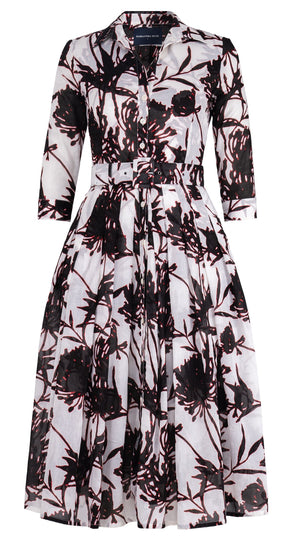 Audrey Dress #4 Shirt Collar 3/4 Sleeve Midi Length Cotton Musola (Primavery Silhouette White)