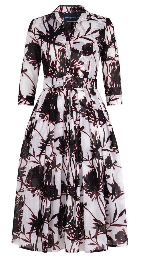 Audrey Dress #4 Shirt Collar 3/4 Sleeve Midi Length Cotton Musola (Primavery Silhouette White)