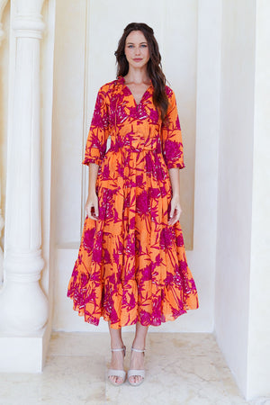 Eva Dress Crew Neck 3/4 Sleeve Tea Length Cotton Musola (Primavery Silhouette Ground)