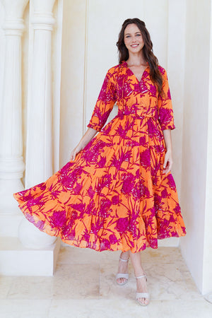 Eva Dress Crew Neck 3/4 Sleeve Tea Length Cotton Musola (Primavery Silhouette Ground)