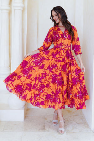 Eva Dress Crew Neck 3/4 Sleeve Tea Length Cotton Musola (Primavery Silhouette Ground)